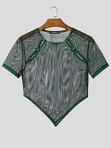Men's Avant-Garde New Chinese Style Sheer Mesh Frog Button Pointed Hem T-shirt SKUL59967