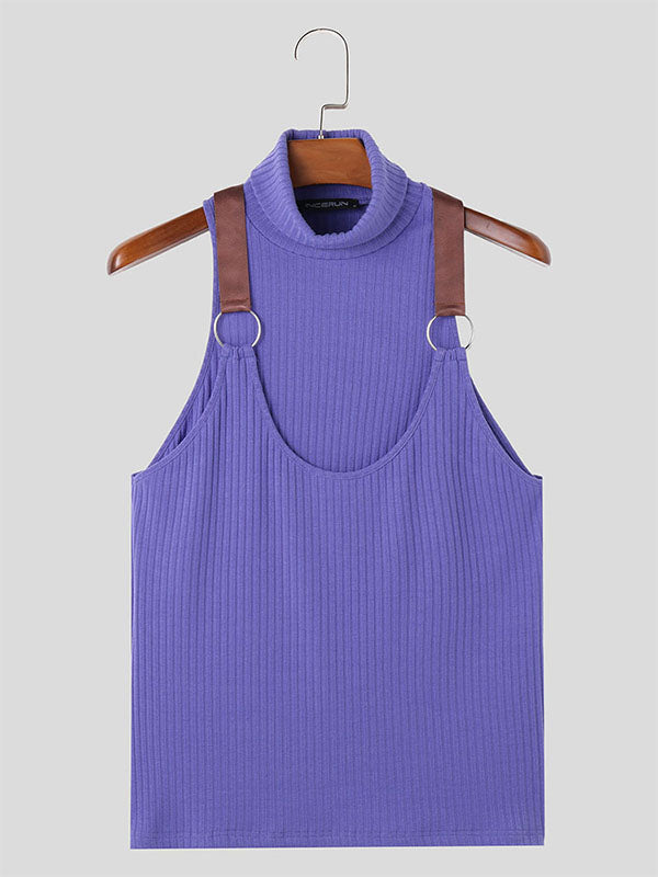 Mens Solid Patchwork Half-Collar Sleeveless Vest SKUK64518