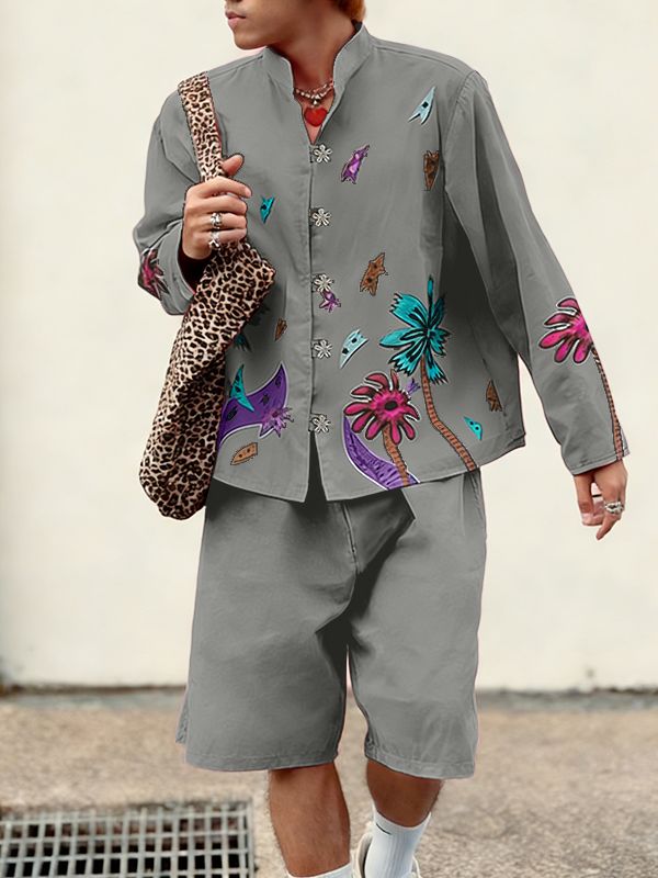 Men's Floral Print Stand Collar Two Piece Outfit SKUL45141