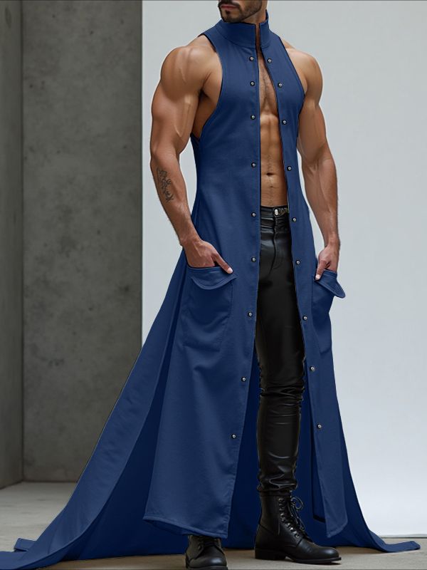 Men's Long Tail Hem Metal Buckle Sleeveless Waistcoat SKUL37660