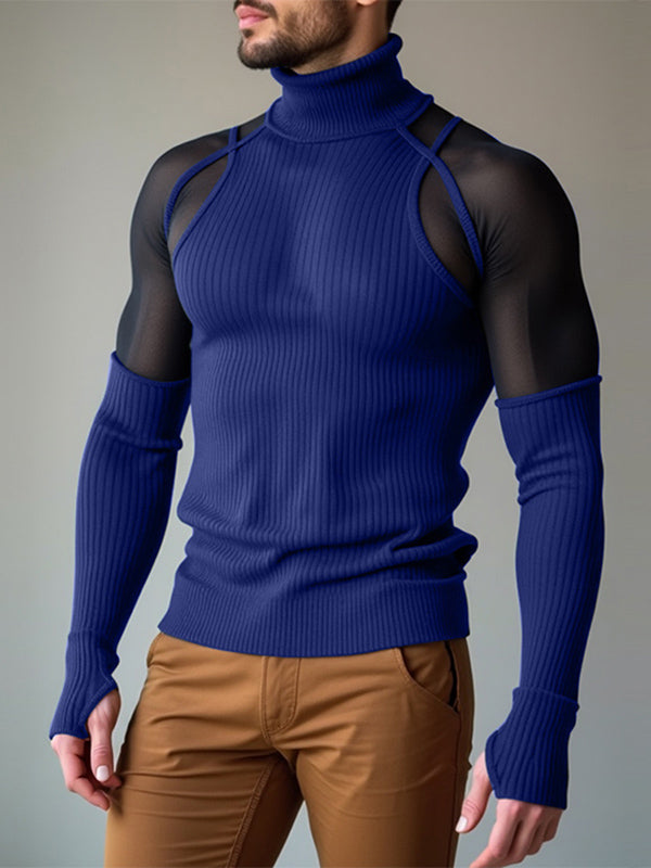 Mens Mesh Patchwork Textured Long-Sleeve T-Shirt SKUK84748