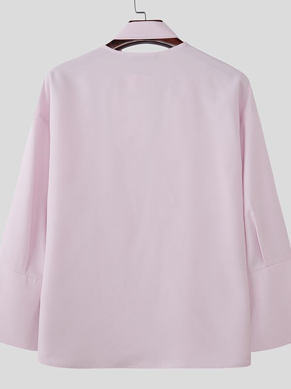 Men's Ribbon Deep V Neck Long Sleeve Shirt SKUL46568