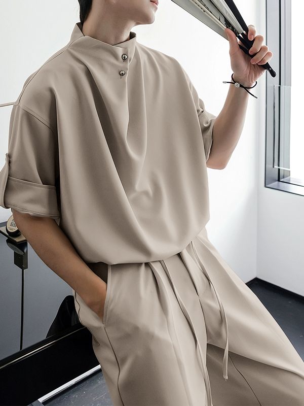 Men's Solid Draped Collar Casual Two Pieces Outfit SKUL33012