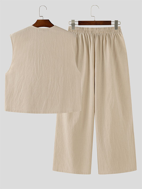 Men's Solid Color Casual Sleeveless Two Pieces Outfit SKUL22438