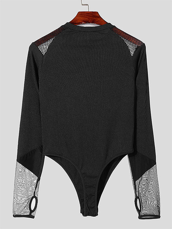 Mens Mesh Patchwork Crew Neck Long Sleeve Bodysuit SKUK82205