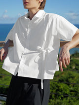 Mens Solid Color Lace-Up Patchwork Short Sleeve Shirt SKUL07812