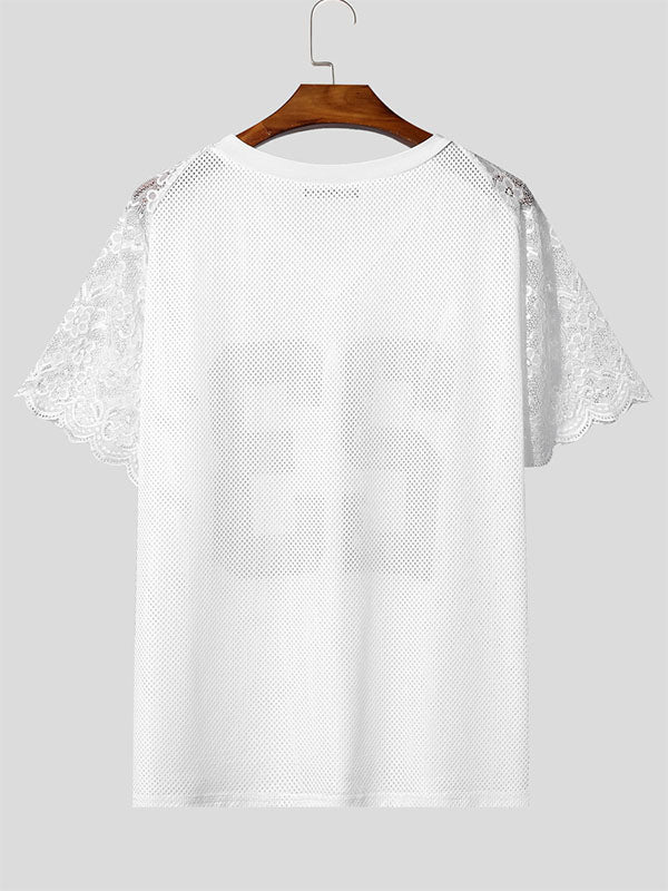 Men's Number 23 Lace Patchwork Short Sleeve T-Shirt SKUL19150