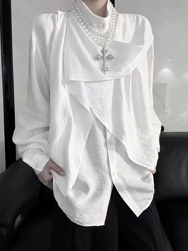 Men's Ribbon Scarf Stand Collar Long Sleeve Shirt SKUL36332