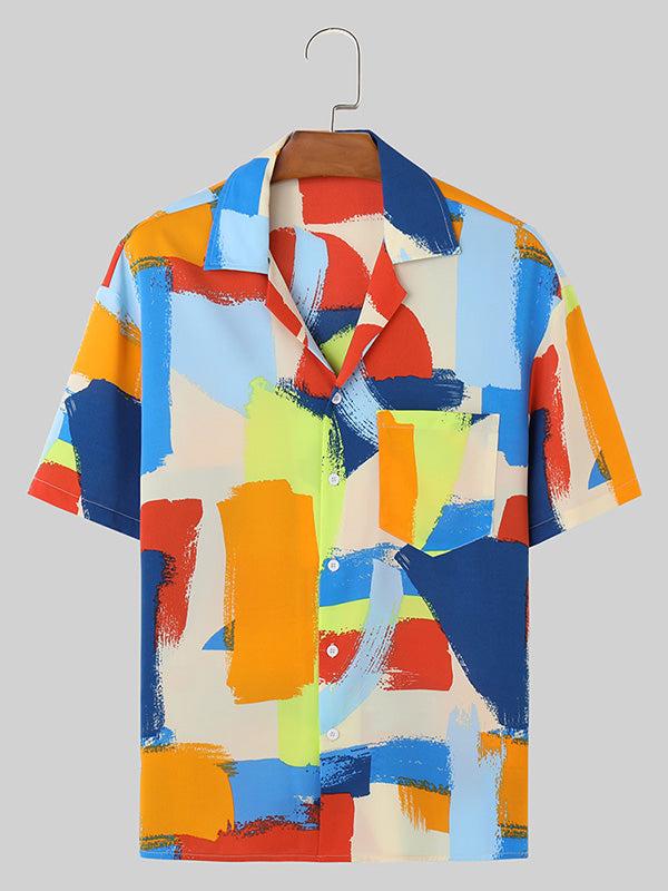 Mens Colorful Color Block Print Revere Collar Shirt SKUK54522