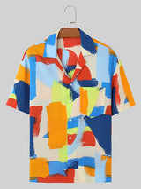 Mens Colorful Color Block Print Revere Collar Shirt SKUK54522