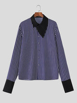 Men's Stripe Asymmetric Collar Long Sleeve Shirt SKUL42794