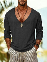 Men's Solid Color Textured Deep U Neck Long Sleeve T-shirt SKUL46286