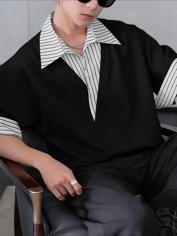 Men's Stripe Patchwork Short Sleeve Shirt SKUL47772