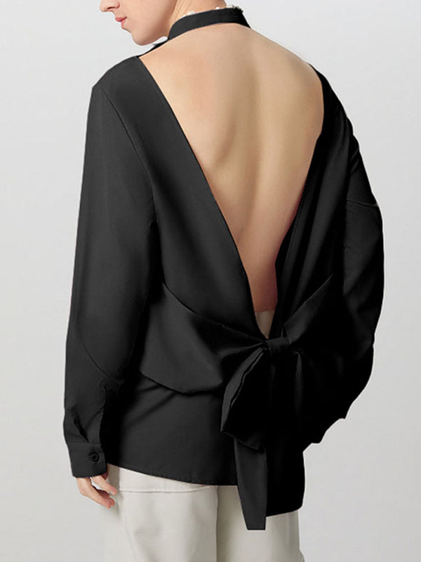 Mens Bow Tie Backless Long Sleeve Shirt SKUK95687