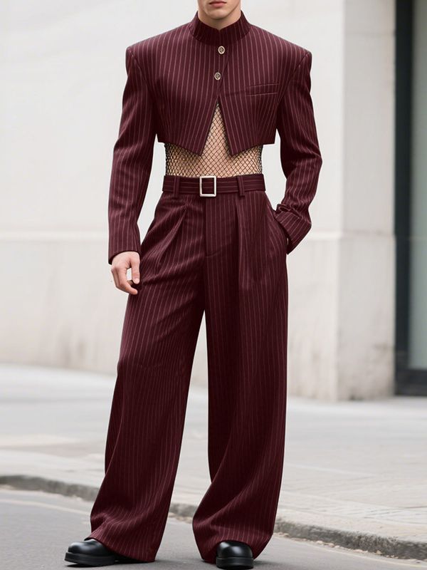 Men's Striped Stand Collar Cropped Two Pieces Outfit SKUL32776