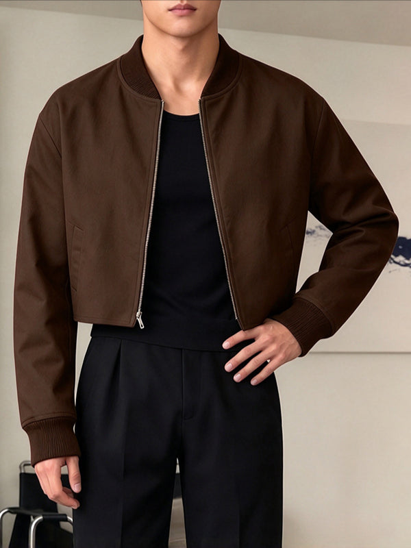 Men's Clean-Fit Minimalist Daily Commute Ribbed Stand Collar Zipper Boxy Jacket SKUL86037