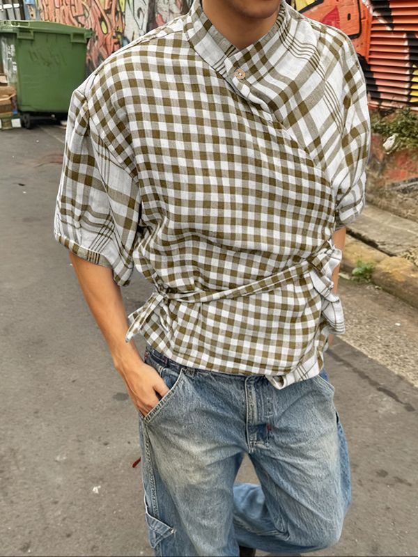 Men's Plaid Waist-Fitted Short Sleeve Shirt SKUL46080