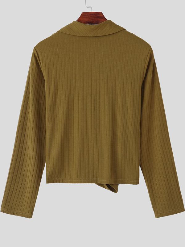 Men's Solid Color Asymmetric Placket Knit Long Sleeve T-shirt SKUL44008