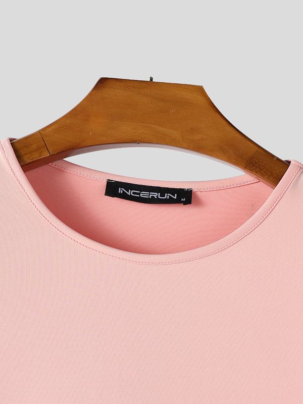 Men's Solid Color Lace Patchwork Knitted Short Sleeve T-shirt SKUL42802