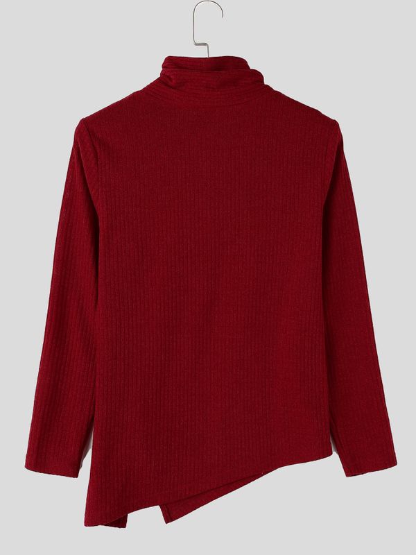 Men's Avant-Garde Urban Casual Asymmetrical Slanted Zipper Ribbed Knit Pointed Hem Long Sleeve Stand Collar Sweater SKUL82403