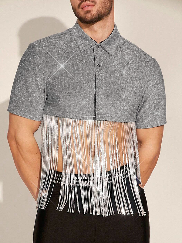 Mens Glitter Fringe Patchwork Short Sleeve Crop Tops SKUK58195