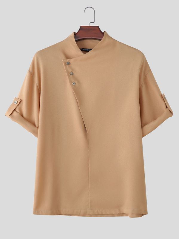 Men's Avant-Garde Neo-Chinese Asymmetric Drape-Collar Drop-Shoulder Roll-Up Sleeve Shirt SKUL75818