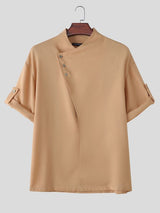 Men's Avant-Garde Neo-Chinese Asymmetric Drape-Collar Drop-Shoulder Roll-Up Sleeve Shirt SKUL75818
