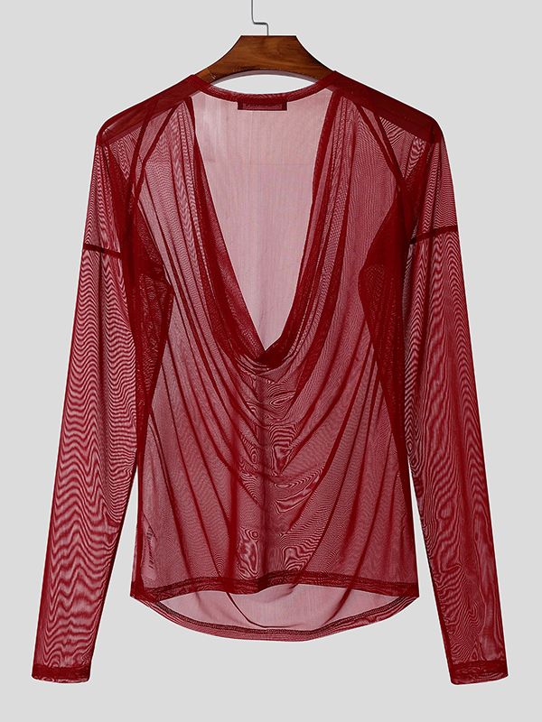 Men's Sheer Mesh Cowl Neck Long Sleeve T-shirt SKUL41054