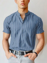 Mens Striped Stand Collar Short Sleeve T-Shirt SKUK74697