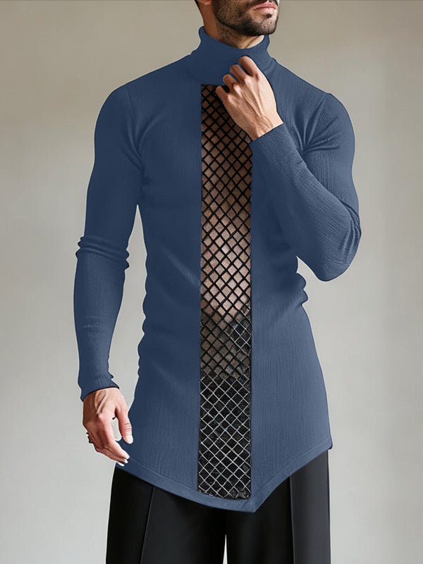 Men's Sheer Mesh Patchwork Knit Long Sleeve T-shirt SKUL45326