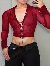 Men's Sheer Mesh Drawstring Eyelet Cropped Long Sleeve T-shirt SKUL45419