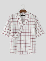 Men's Asymmetric Placket Plaid Frog Button Half Sleeve Shirt SKUL61924