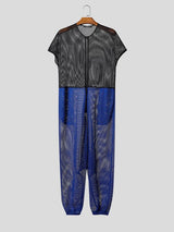 Men's Avant-Garde Two-Tone Mesh Drop-Crotch Zipper Jumpsuit SKUL56630