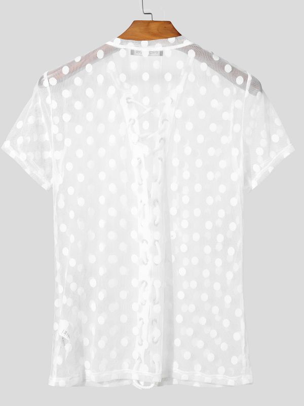 Men's Polka Dot Sheer Drawstring Tie Short Sleeve T-shirt SKUL57646
