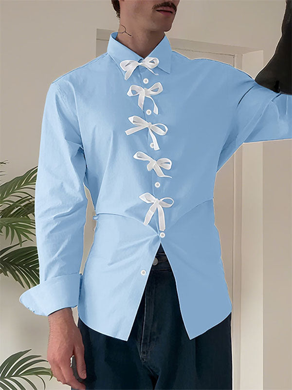 Men's Bow Patchwork Colorblock Long Sleeve Shirt SKUL24200