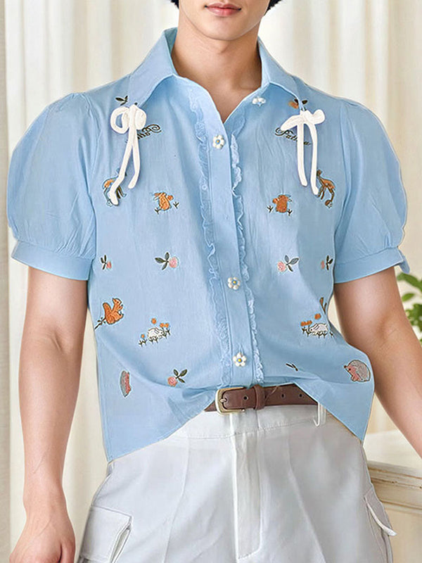 Mens Floral Print Bow Tie Short-Sleeve Shirt SKUK99748