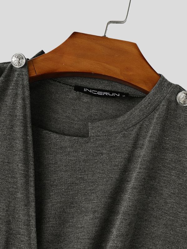 Men's Avant-garde Fashion Draped Metal Button Asymmetric Short Sleeve T-shirt SKUL66864