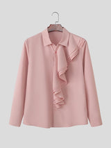 Men's Solid Color Ruffle Patchwork Long Sleeve Shirt SKUL42286