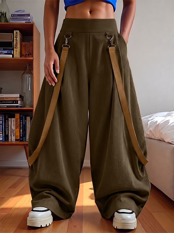 Men's Avant-Garde Deconstructed Stage Runway Suspender Ribbon Elastic Waist Baggy Pant SKUL85539