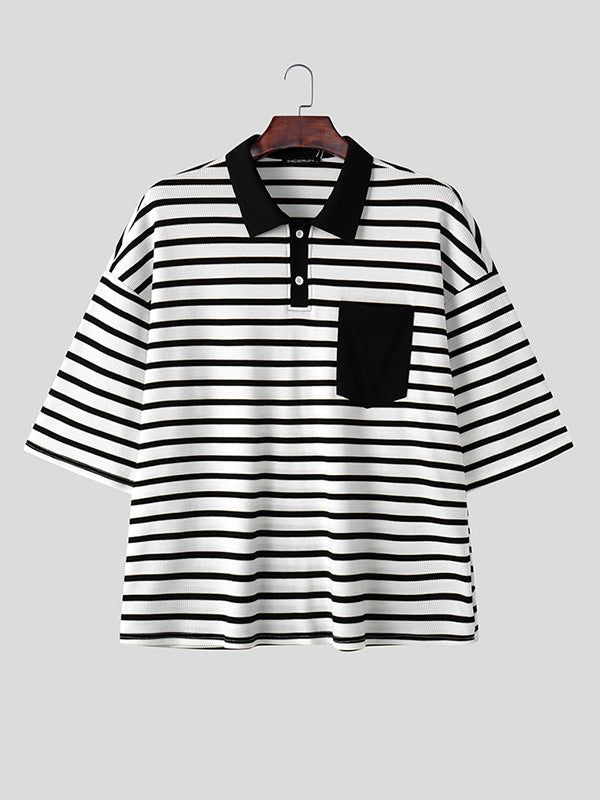 Mens Horizontal Striped Color-Block Short Sleeve Shirt SKUK99034