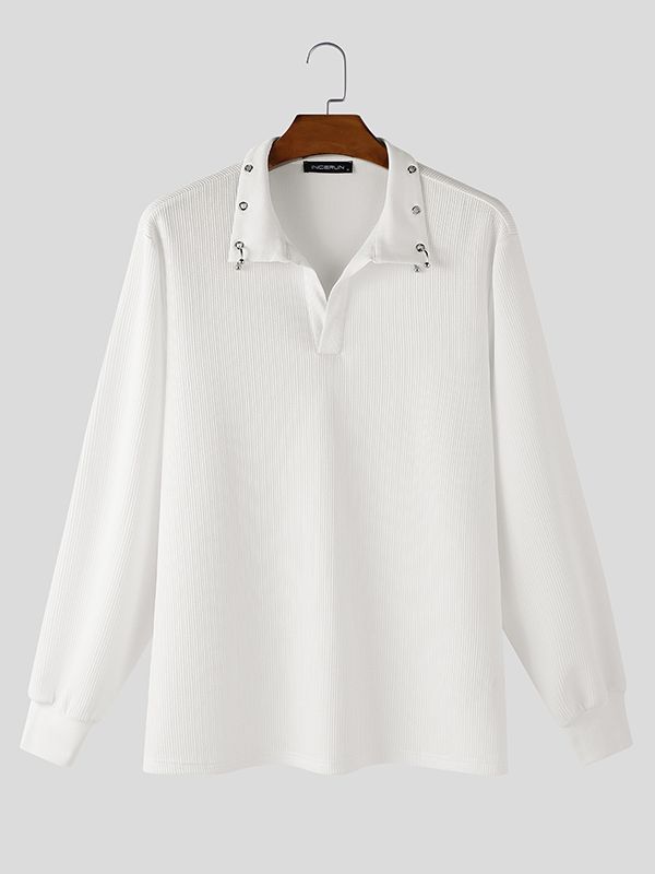 Men's Solid Color Textured Metal Eyelet Long Sleeve Shirt SKUL43971