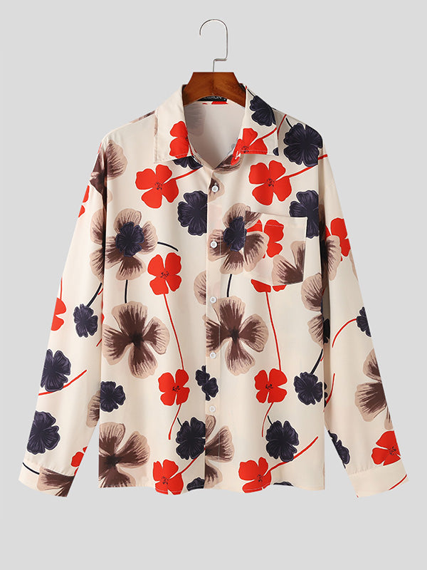 Mens Art Floral Print Long Sleeve Shirt SKUK46406