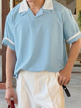 Men's City Boy Contrast Collar Dropped Shoulder V Neck Short Sleeve Shirt SKUL73770