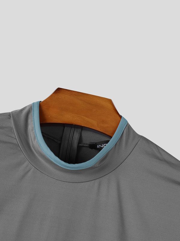 Men's Avant-Garde Party Thigh Strap Cutout Color Block Short Sleeve Crew Neck Bodysuit SKUL79524