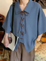 Men's Modern Relaxed Waffle Knit Lace-Up V-Neck Asymmetrical Hem Shirt SKUL59598