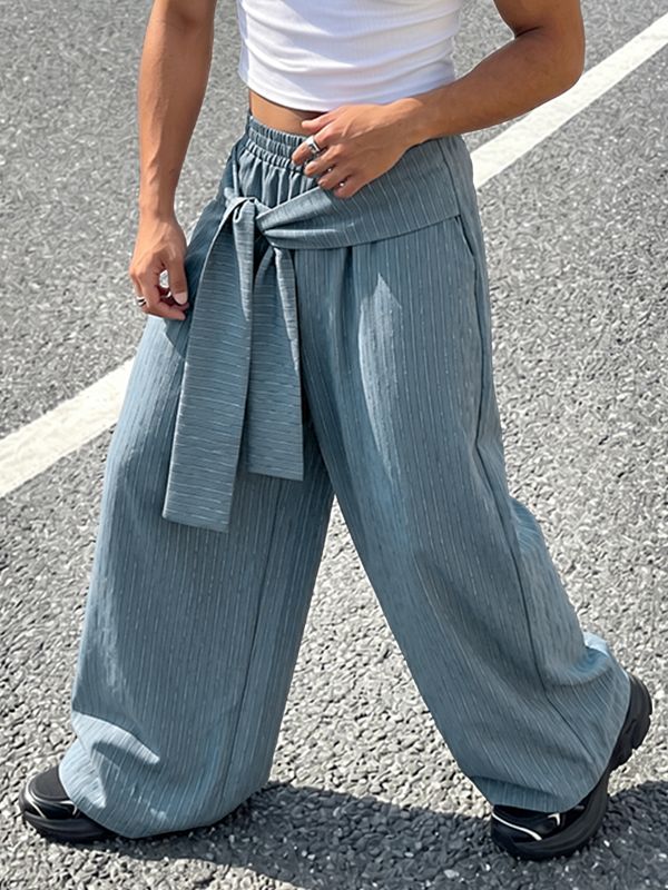 Men's Avant-Garde Asymmetric Wrapped Tie-Waist Pinstripe Oversized Wide-Leg Baggy Pant SKUL70237
