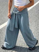 Men's Avant-Garde Asymmetric Wrapped Tie-Waist Pinstripe Oversized Wide-Leg Baggy Pant SKUL70237