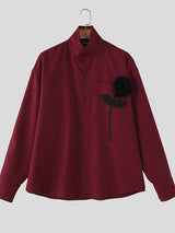 Men's Solid Color 3D Floral Patchwork Stand Collar Long Sleeve Shirt SKUL42665