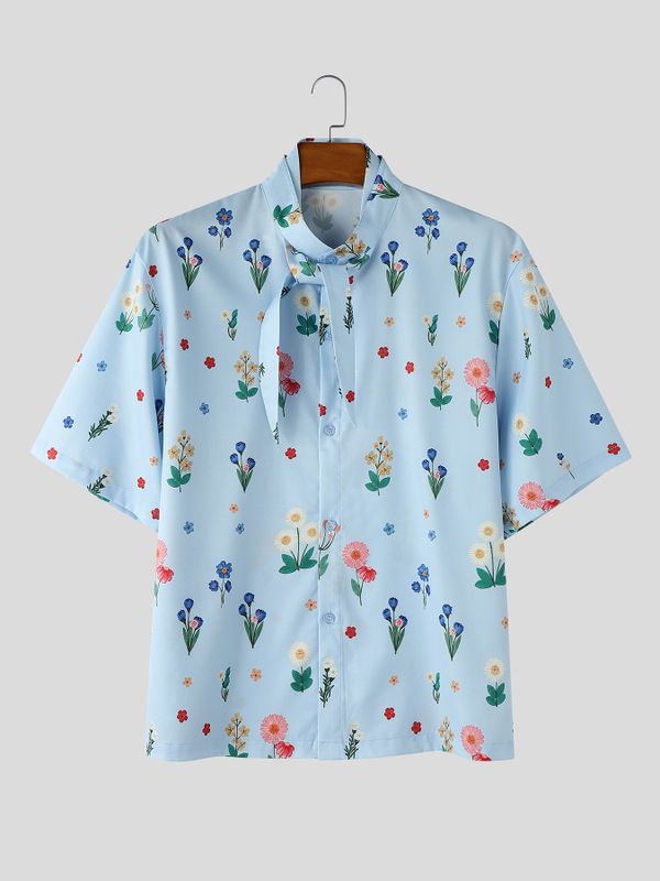 Men's French Romantic Pastoral Floral Print Short Sleeve Shirt SKUL73513