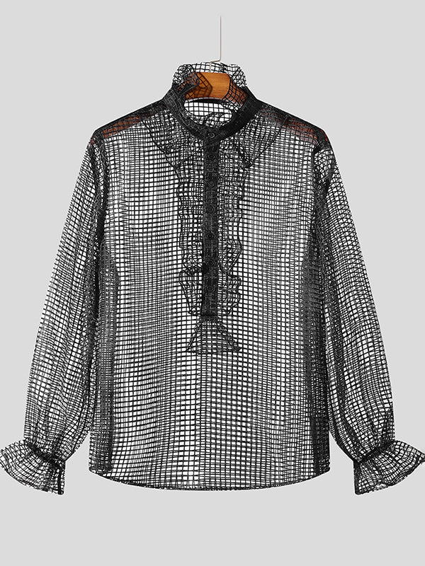 Mens Ruffled Sheer Long Sleeve Shirt SKUK82447